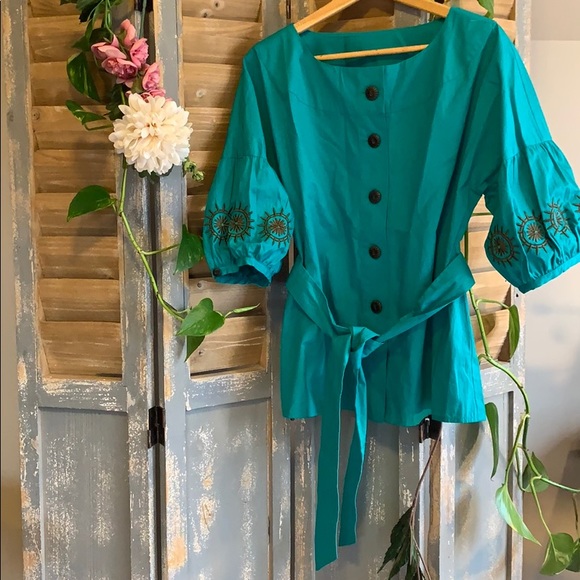 Oscar de la Renta cotton teal embroidered blouse🦜
